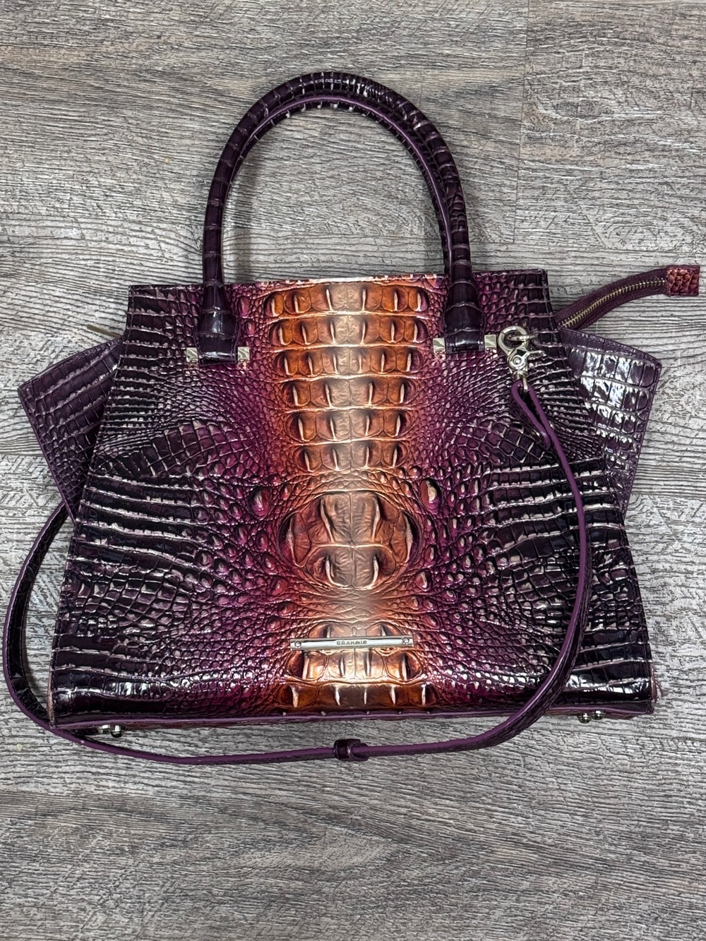 Brahmin Croc-Embossed Satchel in Purple and Copper Ombre
